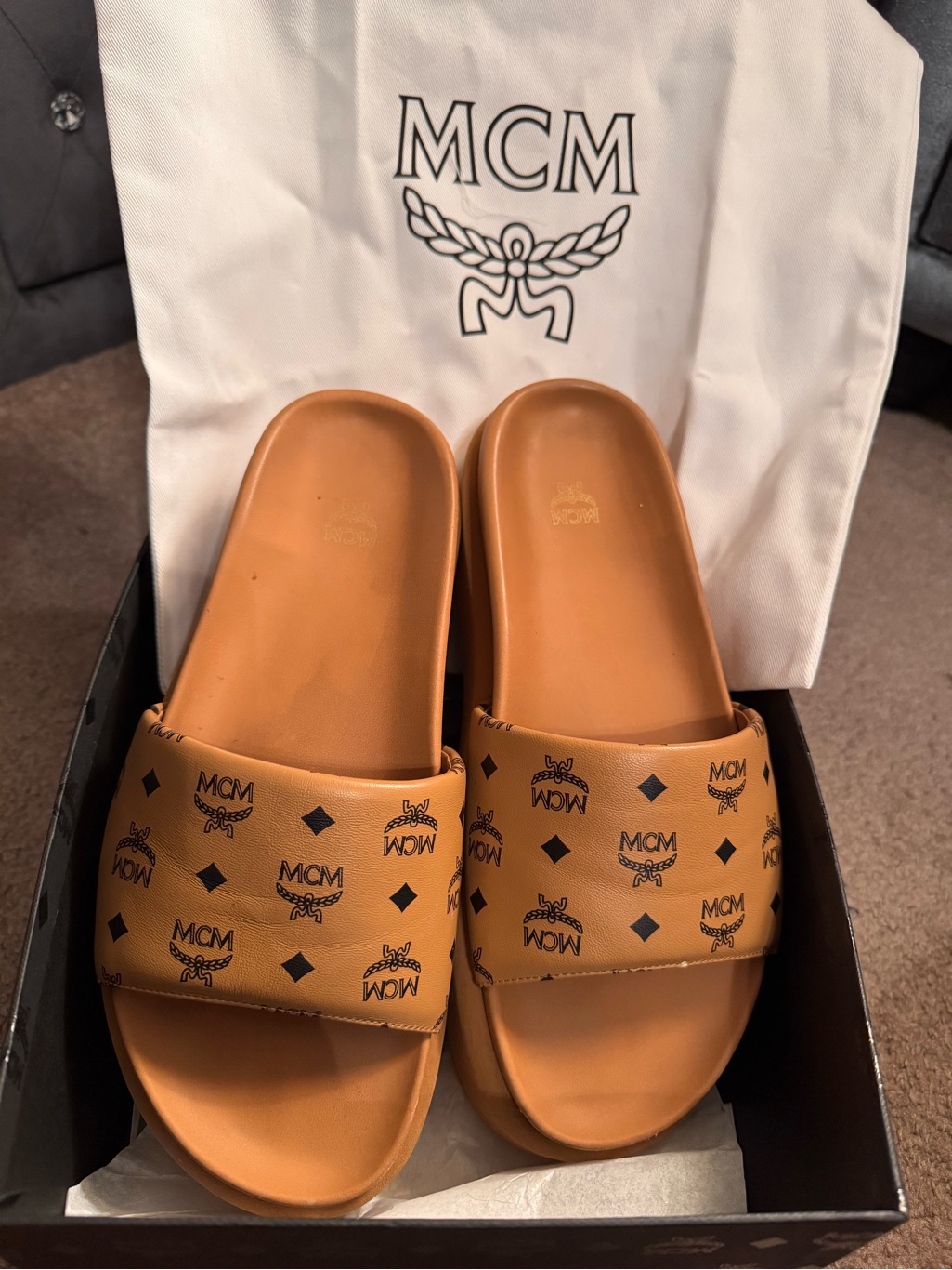 Mcm Cognac Brown Logo Slide Sandals